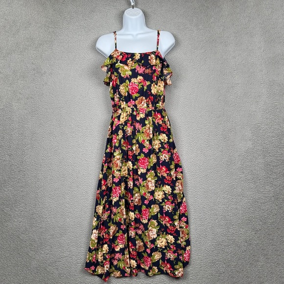 Anthropologie‎ Dress Womens M Blue Floral Midi Boho Sleeveless Ruffle Sundress - Picture 2 of 13